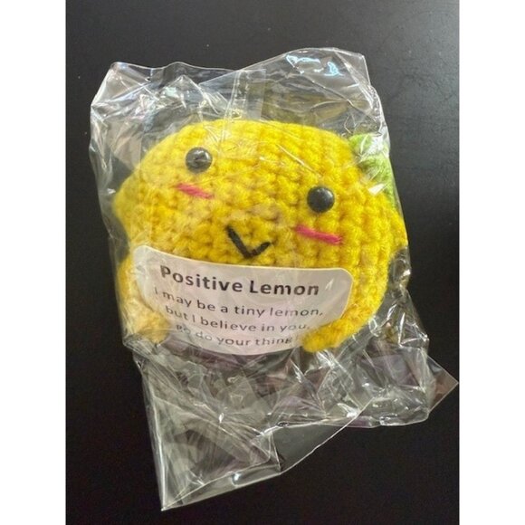 Positive Lemon Mini Knitted Knit Tellow Green Face Smile Toy Small Plush New - Picture 1 of 4